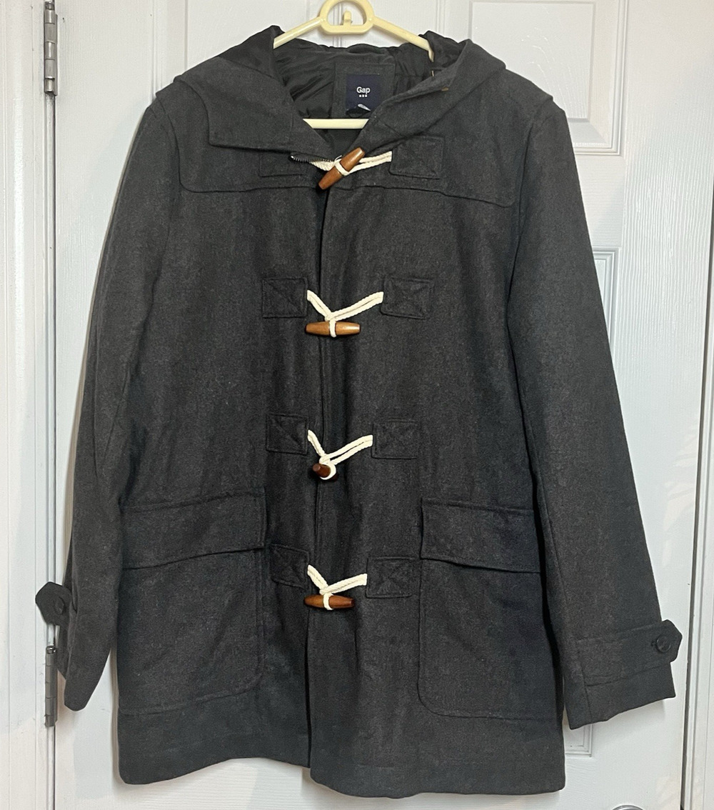Gap Womens Medium Long Peacoat Wool Blend Toggle Button Lined Hooded Coat Gray